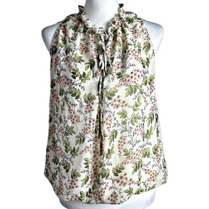 Max Studio Cream Green And Pink Floral Sleeveless Keyhole Neck Tie Elastic Waist